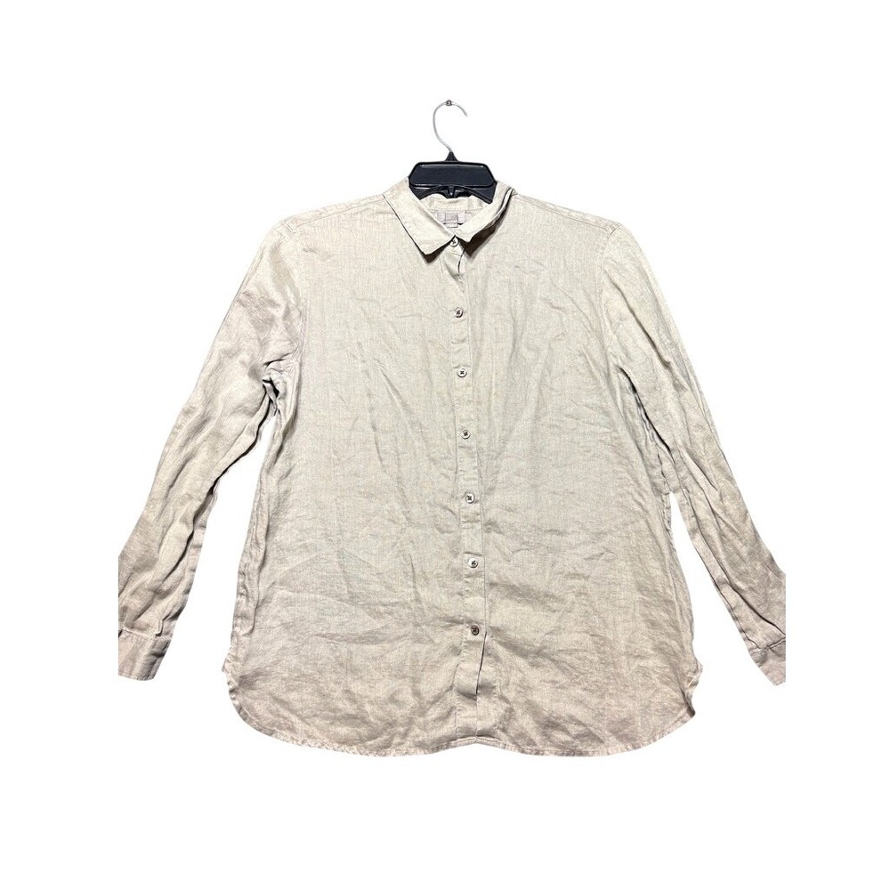 J. Jill Button Down Shirt Women Size M Tan 100% Linen Long Sleeve Casual